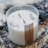 Lavender candle in glass votive with wooden wicks